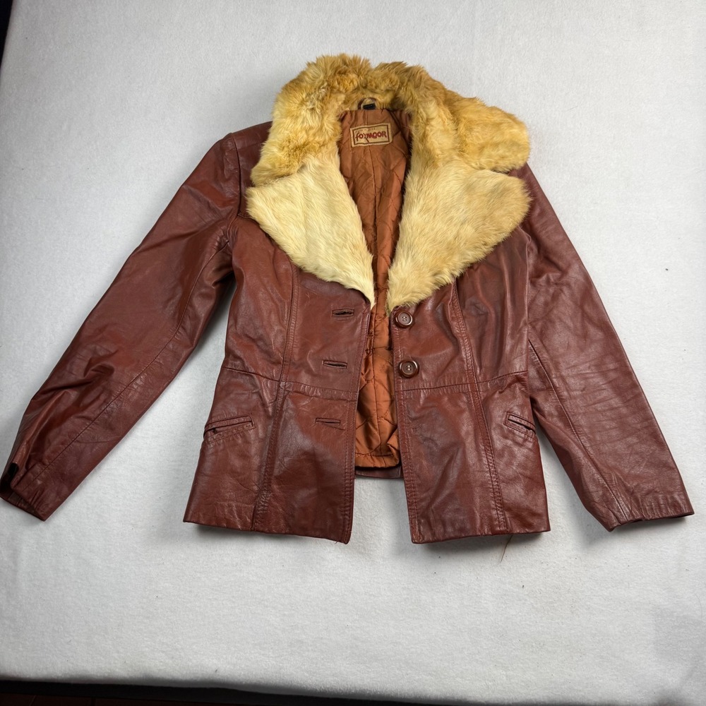 Vintage Foxmoor Leather Jacket Cognac Brown Fur Collar Blazer woman's M 9/10